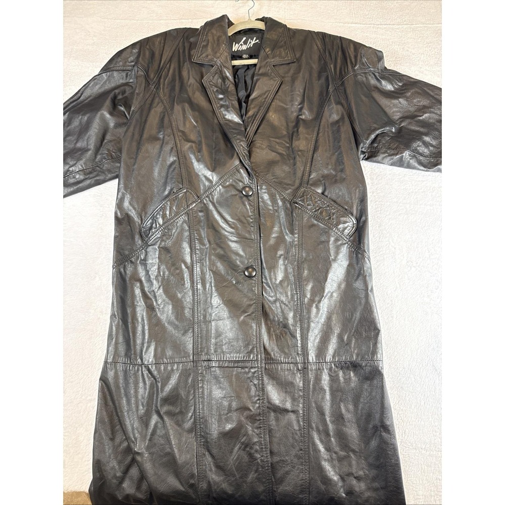 Vintage Winlit Black Leather Trench Coat 48" Button Front Grunge Goth 90s‎ Small